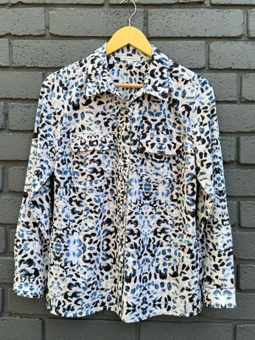 NOTATIONS Blue Animal Leopard Print Button up Roll Tab Blouse S Cottage Office